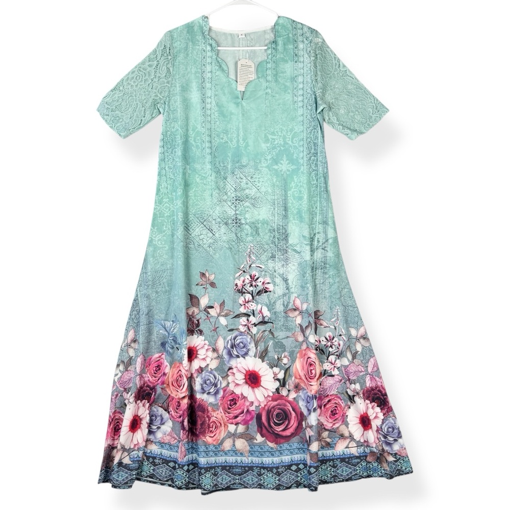 Ladies Boho Midi Dress with Pockets Womens Small S Blue Floral V Neck Blue NWT